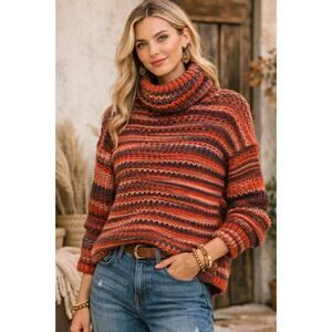 Anthropologie Elsa Manda Chunky Knit Striped Turtleneck Sweater Red Orange L